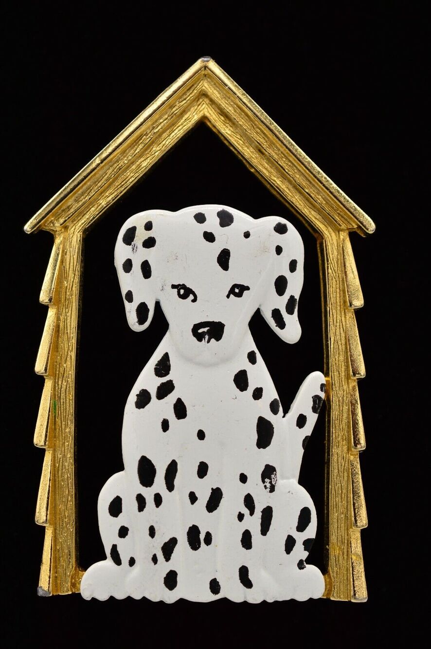 JJ Vintage Dalmatian Pin Brooch Dog House Enamel Brushed Gold 1980s Bin4